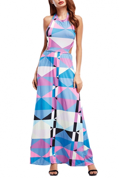 Halter Neck Open Back Color Block Geometric Printed Maxi Flared Dress