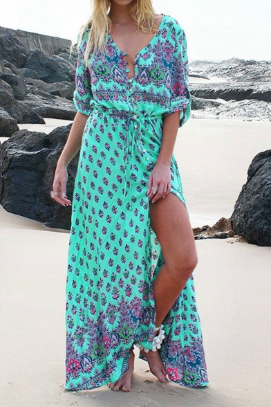 Hot Fashion Boho Style Plunge Neck Buttons Down Split Front Maxi Beach Dress