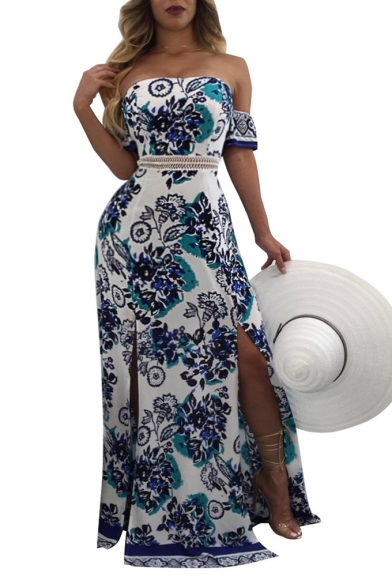 Hot Fashion Floral Printed Off The Shoulder Short Sleeve Split Side Maxi Dress