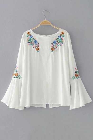 New Arrival Chic Floral Embroidered Boat Neck Flared Sleeve Pullover Blouse