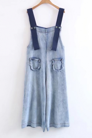 New Arrival Straps Wide Legs Plain Loose Casual Denim Overalls with Pockets