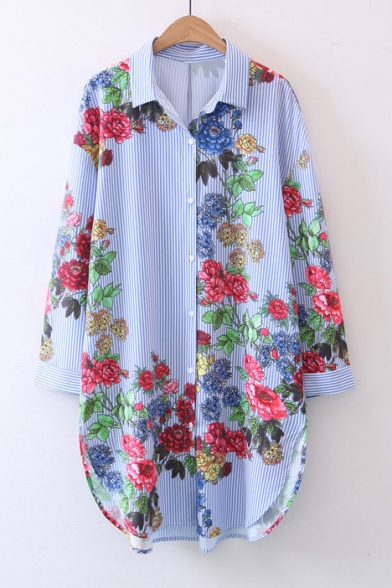 New Arrival Striped Floral Printed Long Sleeve Lapel Single Breasted Tunic Shirt