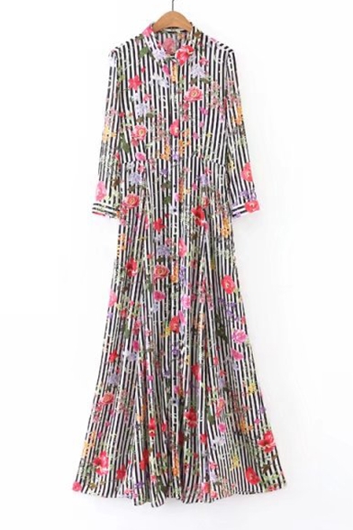 New Fashion Lapel Collar Floral Striped Printed Buttons Down Maxi Shirt Dress