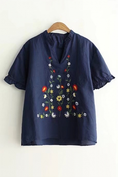 Retro Floral Embroidered V Neck Short Sleeve Linen Pullover Blouse