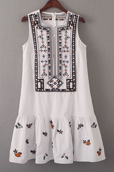 Square Neck Sleeveless Tribal Print Embroidered Mini Tank Dress