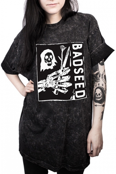 Street Style Letter Skull Printed Short Sleeve Loose Oversize T-Shirt