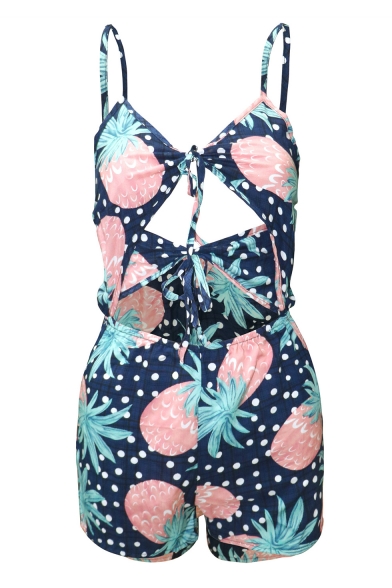 Summer's Fresh Pineapple Pattern Spaghetti Straps Cut Out Waist Rompers