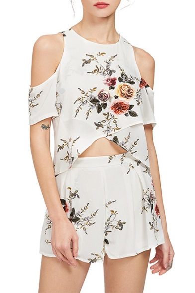 Chic Floral Printed Cold Shoulder Short Sleeve Asymmetric Tee with Wide Leg Shorts Chiffon Co-Ords