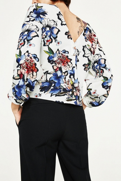 Chic V Back Round Neck 3/4 Sleeve Floral Printed Pullover Loose Blouse