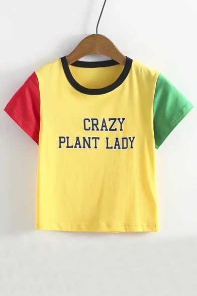 Color Block Letter Printed Round Neck Short Sleeve Cropped Casual Tee