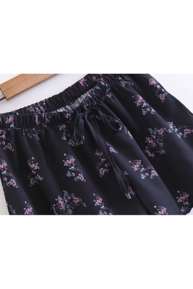 Elastic Drawstring Waist Floral Printed Lace Trim Loose Shorts
