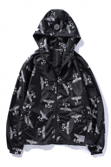 Fashion BOY Eagle Printed Hooded Long Sleeve Zipper Placket Coat