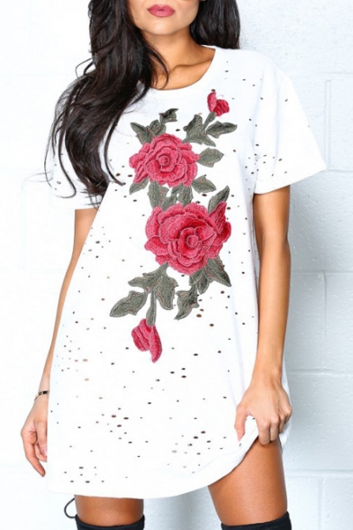 Fashion Hollow Out Chic Floral Embroidered Round Neck Short Sleeve Mini T-Shirt Dress