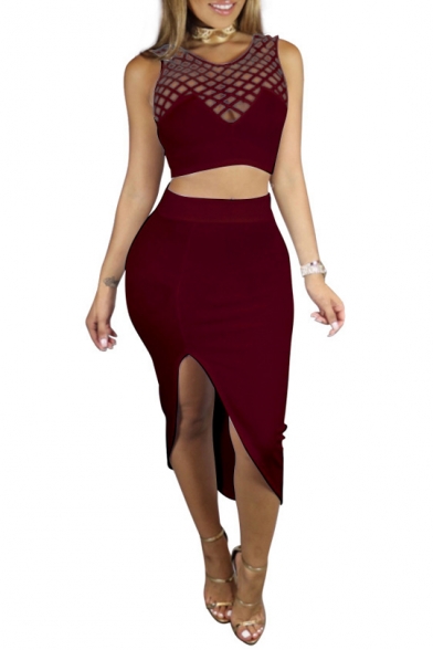 Fashion Hollow Out Sleeveless Cropped Tank with Midi Plain Pencil Skirt