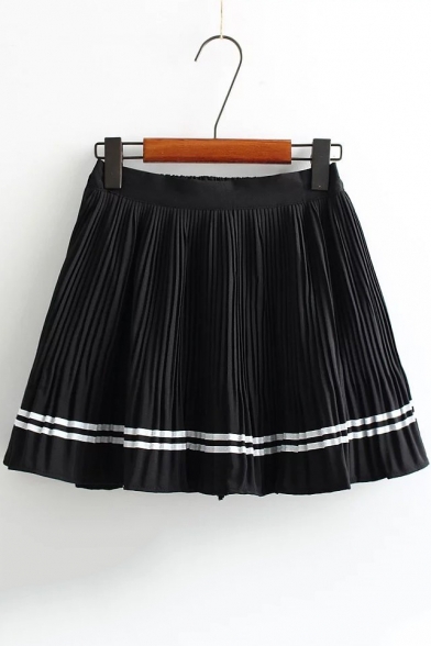 High Rise Elastic Waist Striped Printed Chiffon Mini A-Line Pleated Skirt