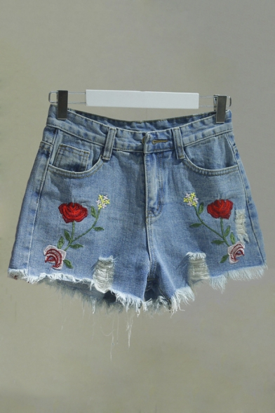 New Stylish Floral Embroidered Ripped Raw Edge Denim Hot Pants
