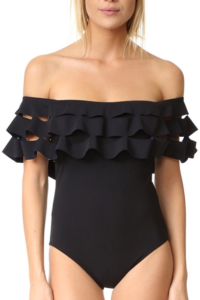 New Stylish Hollow Out Ruffle Front Off the Shoulder Plain One-Piece Swimwear