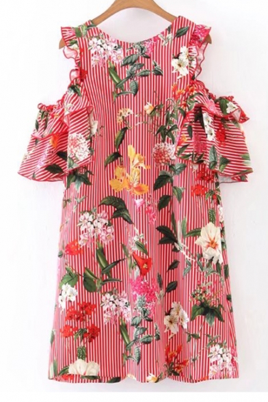 Summer's Floral Printed Round Neck Short Sleeve Cold Shoulder Mini Shift Dress
