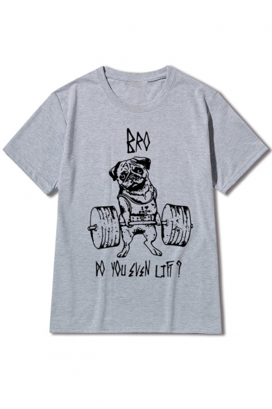 Adorable Funny Cartoon Lifting Dog Printed Short Sleeve Round Neck Graphic Tee