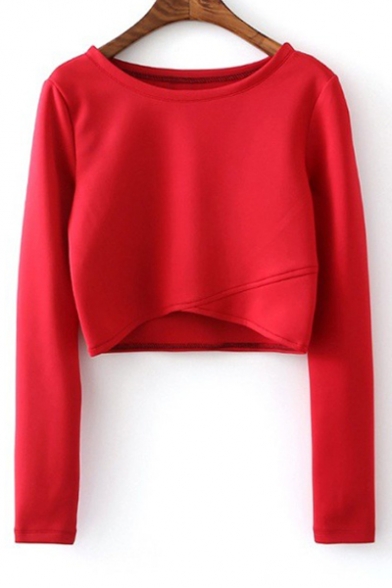 Basic Simple Plain Round Neck Long Sleeve Cropped Pullover Sweatshirt