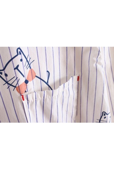 Cartoon Cat Striped Printed Lapel Collar Long Sleeve Buttons Down Tunic Shirt