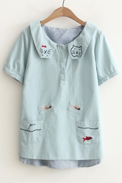 Cat Fish Embroidered Short Sleeve Peter Pan Collar Casual Leisure Pullover Blouse