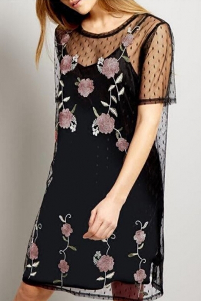 Chic Floral Embroidered Sheer Mesh Round Neck Short Sleeve Mini Dress with Slip Dress Inside