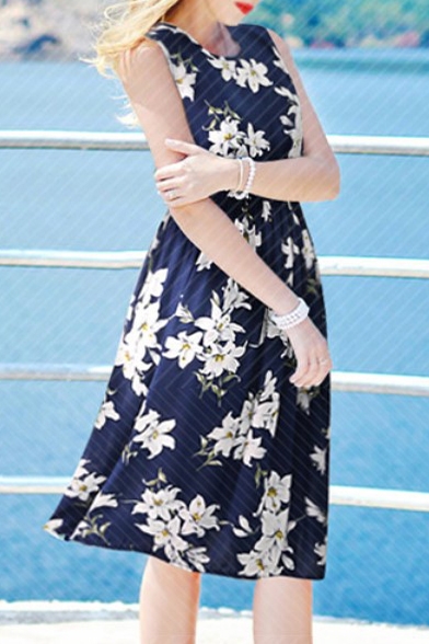 Chic Floral Printed Sleeveless Round Neck Midi A-Line Dress