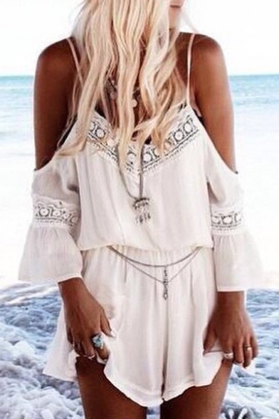 Chic Lace Hollow Out Spaghetti Straps Cold Shoulder Chiffon Plain Rompers