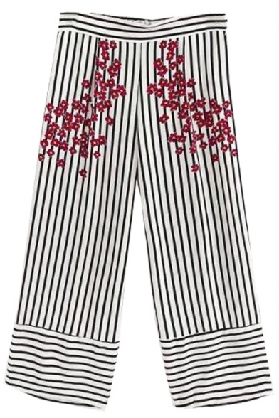 Classic Striped Printed Floral Embroidered Loose Wide Legs Pants