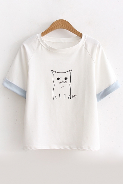 Cute Cartoon Cat Pattern Round Neck Short Sleeve Pullover T-Shirt