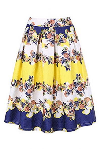 High Waist Retro Floral Printed Color Block Midi A-Line Flared Skirt