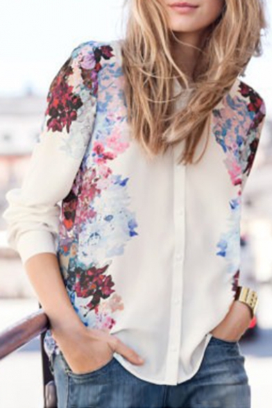 Hot Fashion Chic Floral Printed Lapel Collar Long Sleeve Casual Chiffon Shirt