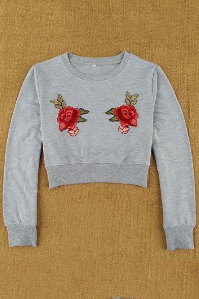Hot Fashion Floral Embroidered Round Neck Long Sleeve Cropped Pullover Sweatshirt