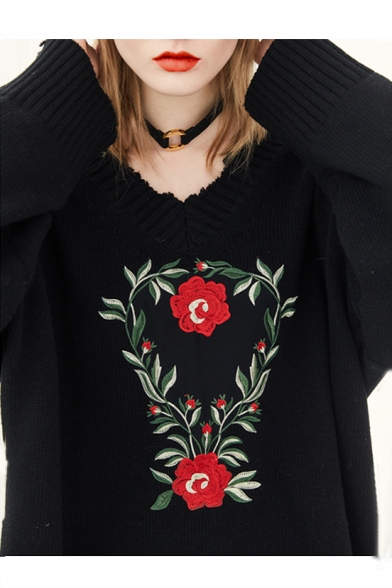 Loose Women's Embroidery Floral Pattern Long Sleeve Round Neck Pullover Sweater
