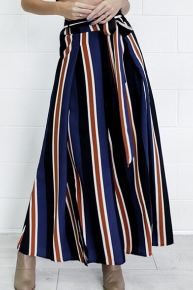 New Arrival Colorful Striped Printed Tie Waist Slit Side Wide Legs Pants