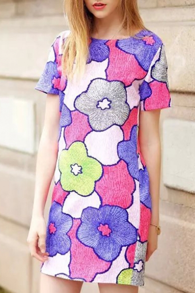 New Fashion Lovely Floral Pattern Round Neck Short Sleeve Mini T-Shirt Dress