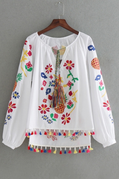 Round Neck Long Sleeve Floral Embroidered Tassel Trim High Low Pullover Peasant Top