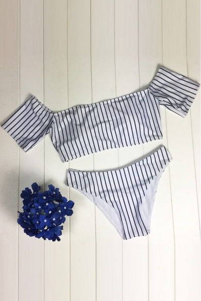 Sexy Off the Shoulder Short Sleeve Striped Swimwear Sets