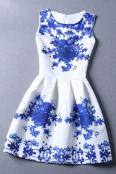 Blue Floral Printed Round Neck Sleeveless Mini A-Line Dress