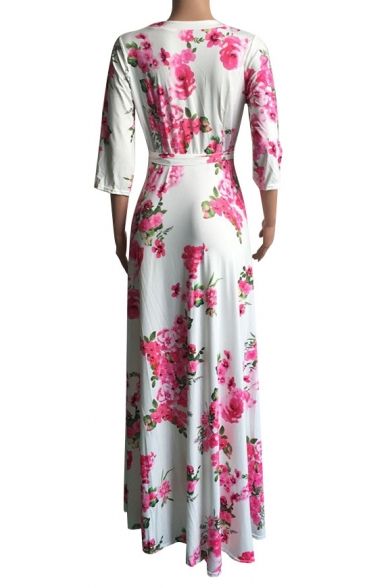 Chic Floral Printed 3/4 Sleeve Plunge Neck Maxi Wrap Dress