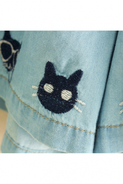 Elastic Waist Cartoon Cat Embroidered Casual Loose Denim Shorts