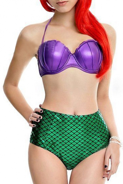 Fashion Color Block Fish Scale Printed High Waist Halter Swimwear Sets