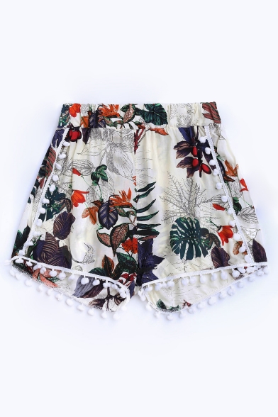Hot Fashion Elastic Waist Floral Pattern Tassel Trim Loose Beach Shorts