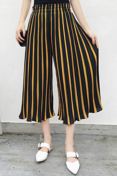 Hot Fashion Striped Printed Elastic Waist Capri Wide Legs Chiffon Pants