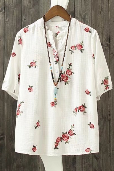 Loose Embroidery Floral Pattern Short Sleeve Round Neck Peasant Blouse