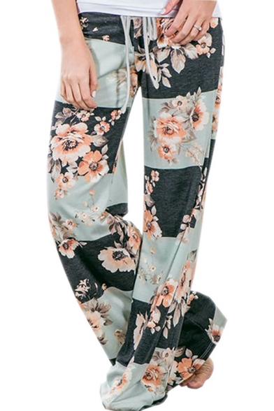 Loose Floral Printed Drawstring High Waist Wide Leg Pants