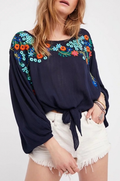 New Arrival Chic Floral Embroidered Boat Neck Long Sleeve Pullover Blouse