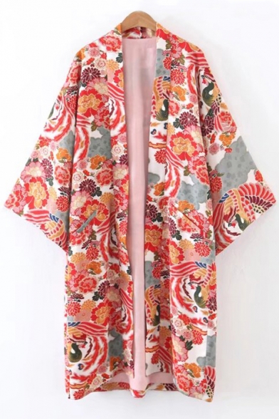 New Arrival Open Front 3/4 Sleeve Vintage Floral Printed Tunic Kimono Coat