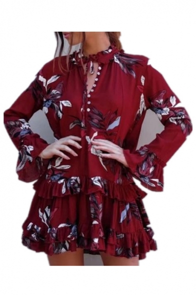 New Arrival Round Neck Long Sleeve Flared Cuff Floral Printed Layered Mini Swing Dress